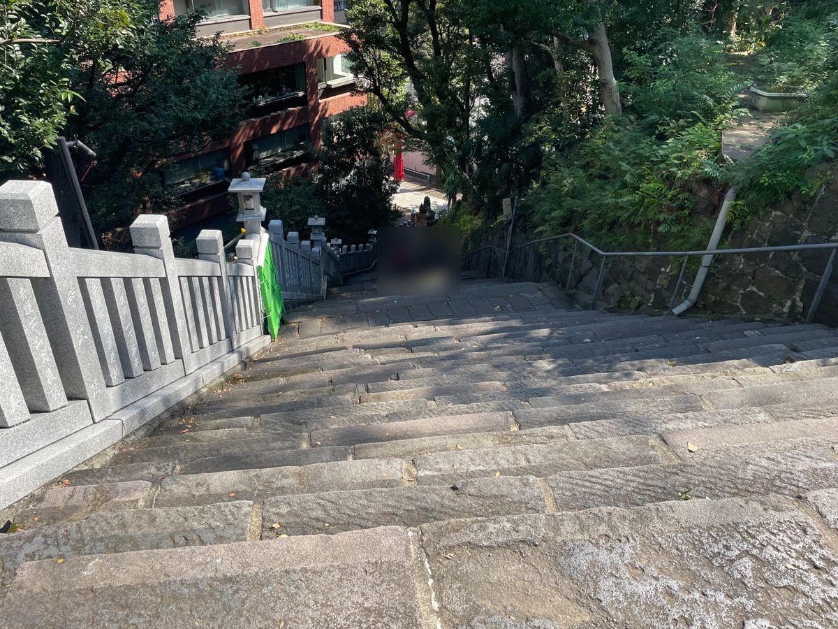 境内から見下ろした別の石段（参拝中の方はぼかしています）