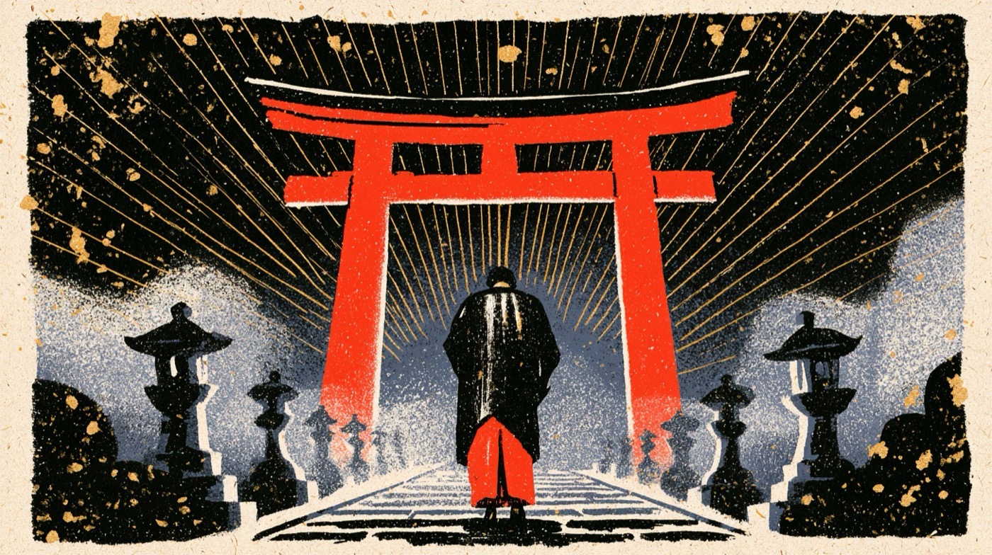 朱塗りの鳥居の前で深く頭を下げる参拝者。神社参拝の作法と基本の流れのイメージ